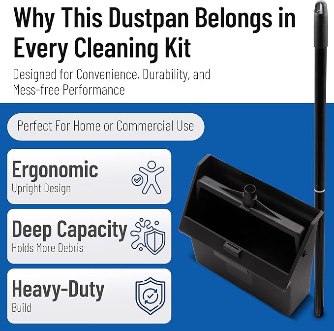 SPARTA Plastic Dust Pan, Upright Pan With 2 Piece Handle For Cleaning, 11 X 12 X 3.5 Inches, Black