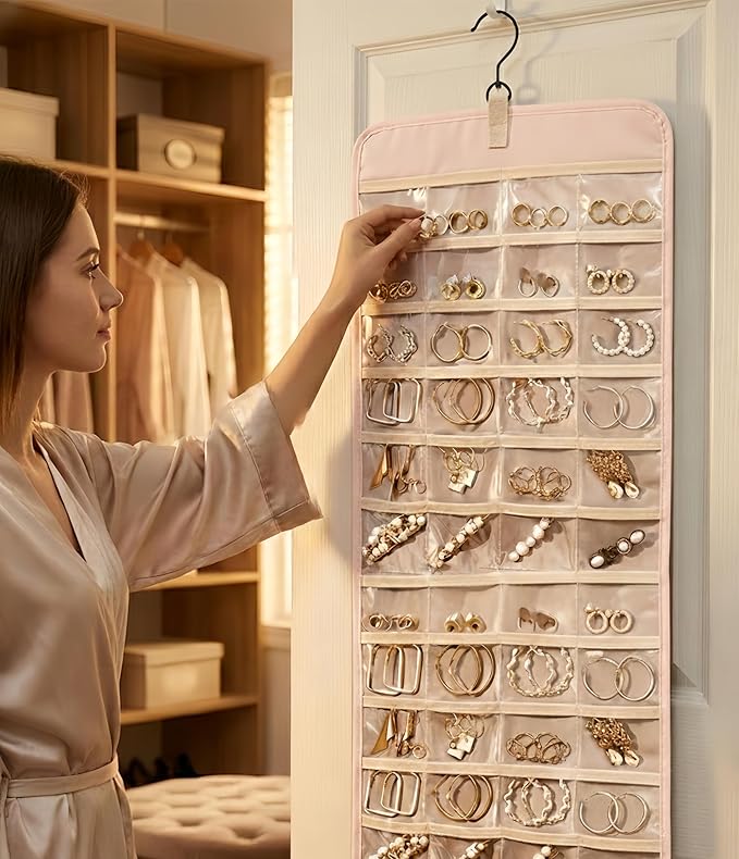 Hanging Jewelry Organizer- Dual-Sided Necklace Holder Wall Mount & Over The Door Closet Storage - Pockets Large Capacity Accessory Holder for Earrings, Rings, Bracelets - 360° Rotating (1, Pink, XL)