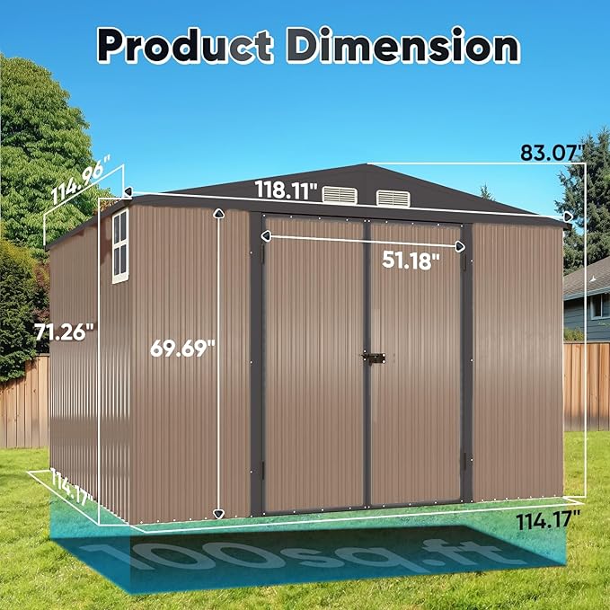 Quictent Heavy Duty 10X10 FT Metal Storage Shed, Lockable Steel Yard Waterproof Tool Shed for Garden, Backyard, Patio, Outside use with Combination Lock(9.5X9.5 FT Base,No Floor)