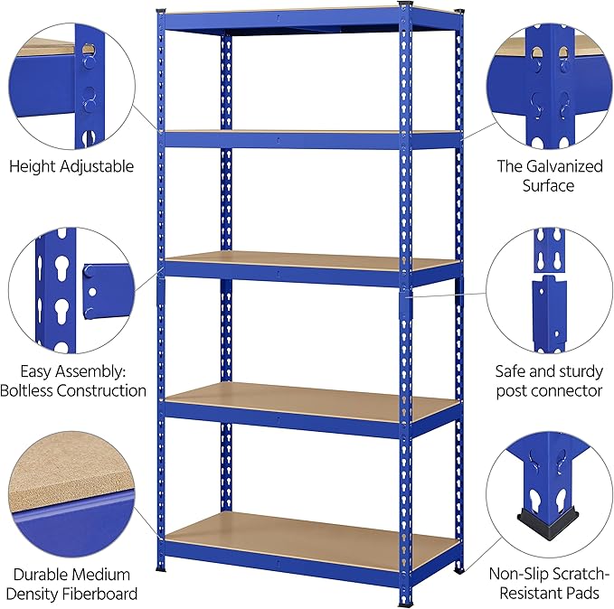 Topeakmart 5-Tier Utility Shelves, Metal Storage Shelves Garage Shelving Unit Adjustable Garage Storage Shelves Storage Racks Heavy Duty Shed Shelving- Blue, 35.5 x 17.5 x 72 Inch