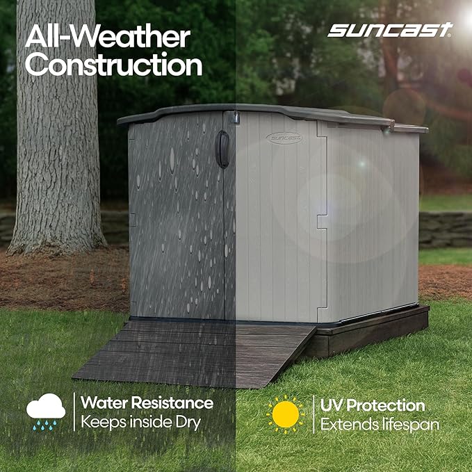 Suncast 138 Cu Ft Horizontal Outdoor Storage Shed, 57.5"x79.75"x52" Glidetop Outdoor Shed with Sliding Lid, Resin Storage Sheds with Floor for Bikes, Motorcycles, & Lawn Mower, Made in The USA