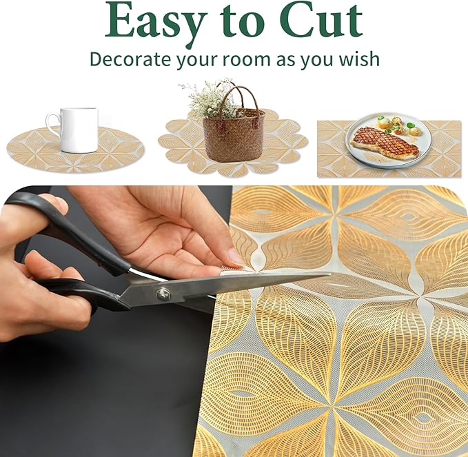 3D Drawer and Shelf Liner for Kitchen Cabinet: 12 in X 20 Ft Waterproof Shelf Paper Non Adhesive Refrigerator Liners Golden Leaf Easy Liners for Bathroom with Knife Tape Measure