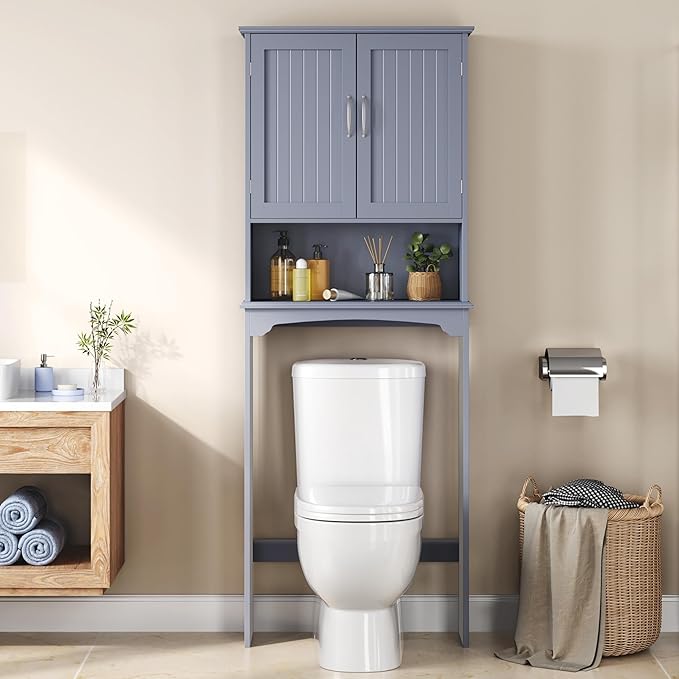 Yaheetech Over The Toilet Bathroom Cabinet with 2 Doors & Adjustable Shelf, Free Standing Toilet Rack Space-Saving, L24.5xW9xH66 Inches, Grey