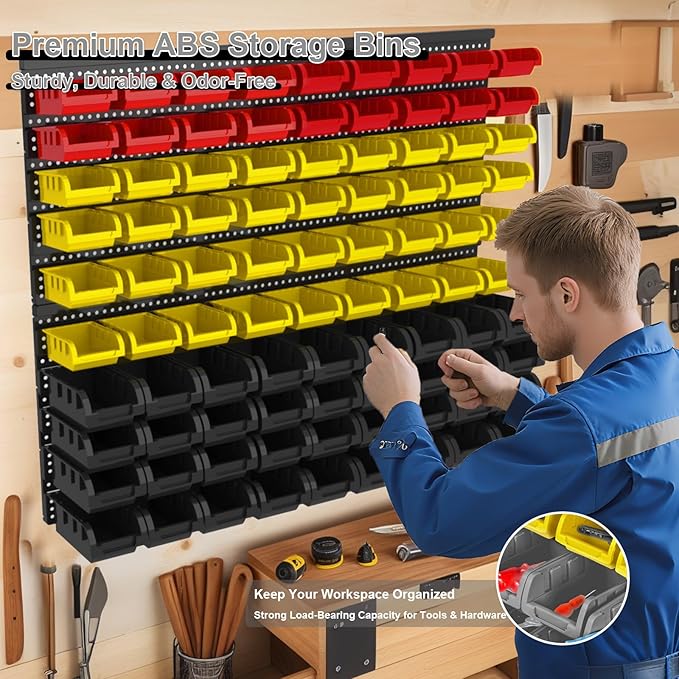 Wall Mounted Storage Bins - Plastic Adjustable Compartment Organizer for Screws, Nuts, Bolts & Tools | Heavy-Duty Home & Garage Organization | Closet, Bedroom, 90PCS (36Y+36B+18R)