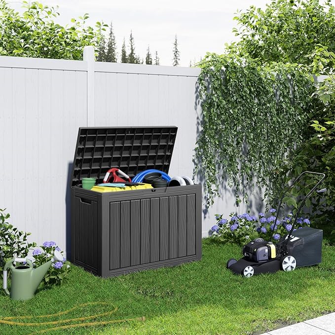 45 Gallon Resin Deck Box, Lockable Patio Outdoor Storage Box for Furniture, Garden Tools and Tools Storage, Waterproof Outside Storage Boxes - Black