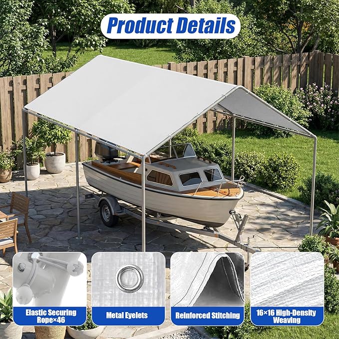 10x20Ft Carport Replacement Canopy Cover, Heavy Duty Waterproof Garage Top Shelter Cover Car Canopy with Ball Bungees(Frame Not Include)
