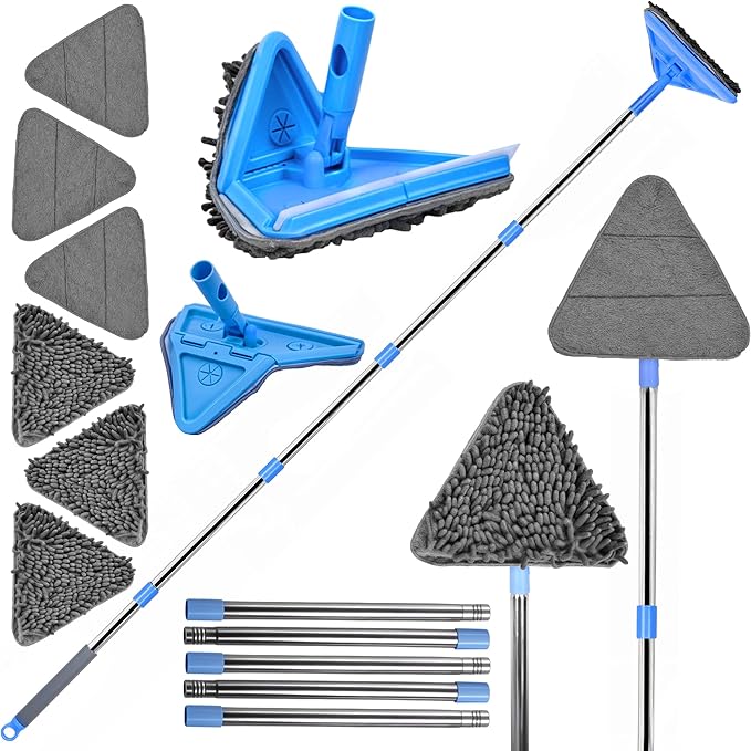 DSV Standard Wall Mop, 77 Inches Long Handle Wall Cleaner with Squeegee, 3-in-1 Wall Cleaner Mop with 3 Microfiber and 3 Chenille Pads, 360° Wall Cleaning Tool for Ceiling, Baseboard, Window, Floor