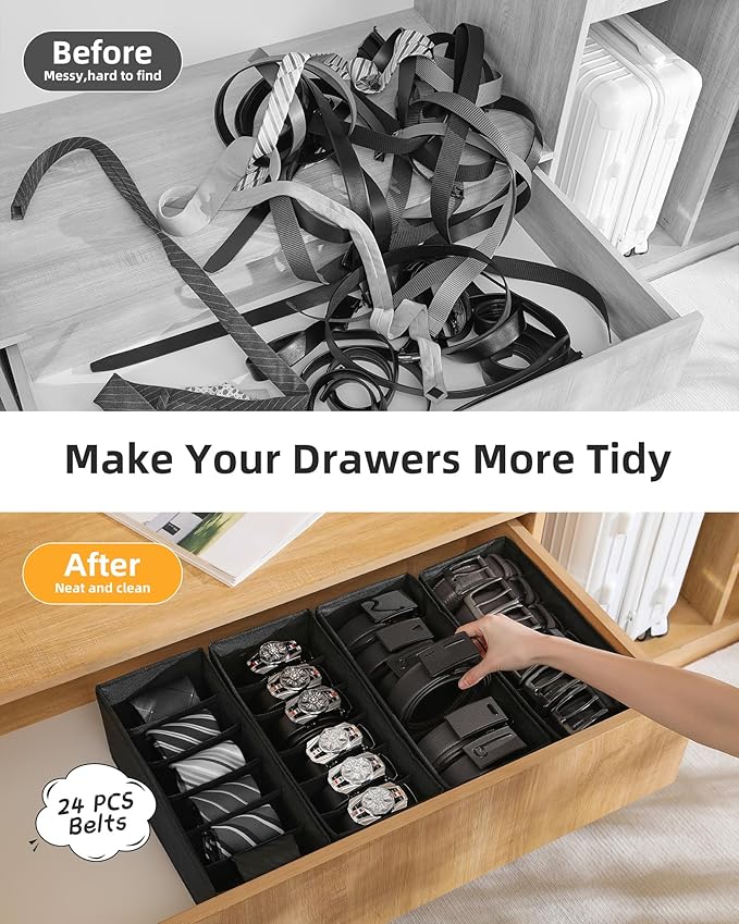 4 PCS Belt Organizer for Drawer & Closet, 6 Grids Foldable Fabric Belt Holder, Washable Belt Storage Box, Tie Organizer for Men
