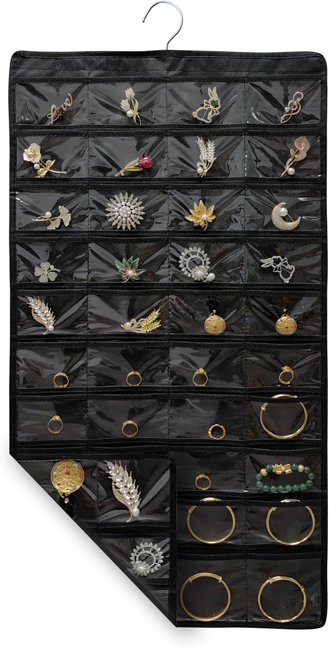 2 PACK (Each Pack 80 Pockets,Total 160 Pockets) Hanging Jewelry Organizer with Hanger Metal Hooks Storage On Wall Door Closet Double-Sided Jewelry Holder for Earrings, Necklaces, Rings (2 Pcs Black)