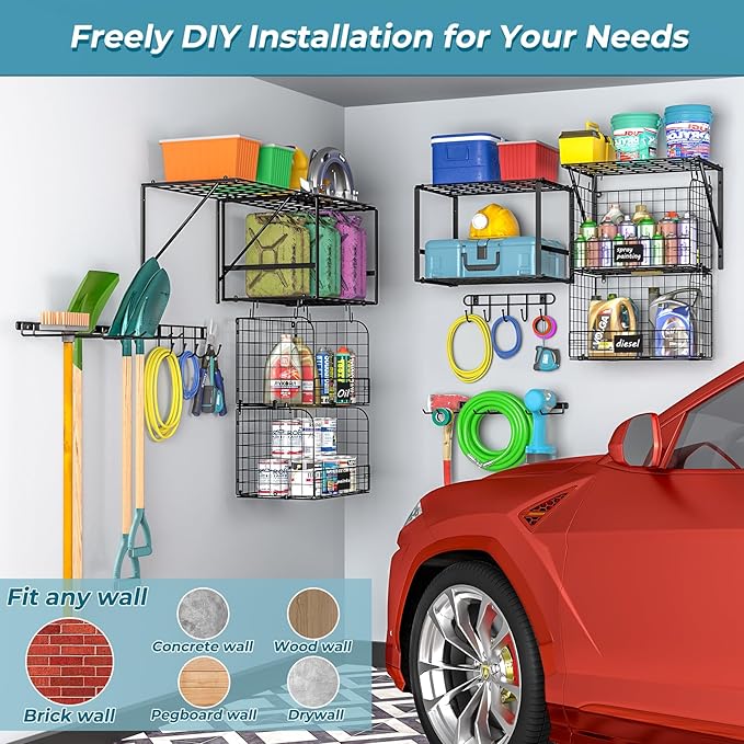 Garage Shelf Wall Mounted with Wire baskets, Heavy Duty Garage Wall Shelving with Garden Tool Rack and Hooks, Wire Shelf Baskets Tool Organizer for Home Garden Yard Organization and Storage