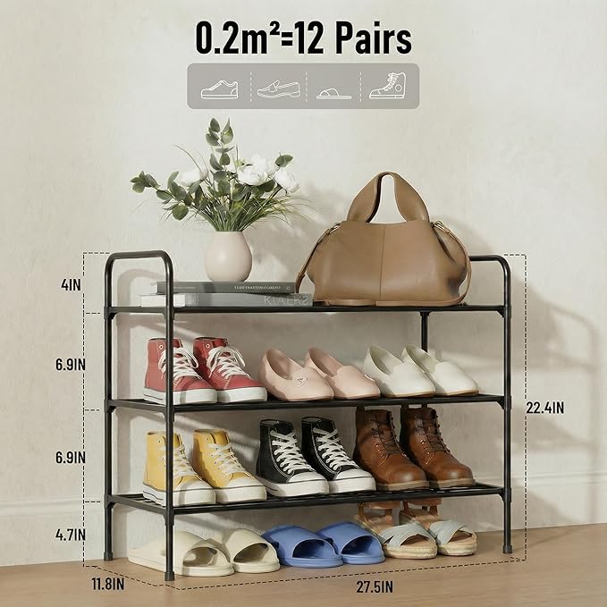 3-Tier Shoe Rack Organlzer, Rustproof lron, Spaclous Shoe Storage Shelf for Closet or Entryway, Fits Sneakers & Slippers, Black