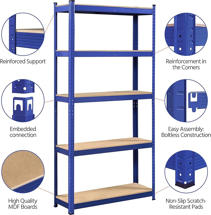 Topeakmart 5-Tier Utility Shelves, Metal Adjustable Garage Shelves Storage Racks Heavy Duty Shed Shelving Unit- Blue, 35.5 x 12 x 71 Inch
