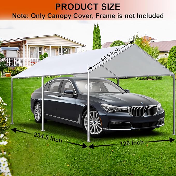 10 x 20 Ft Carport Replacement Canopy Cover Garage Top Tent Shelter Heavy Duty Waterproof UV & Tear Resistant Carport Cover Easy Assembly, White (Only Cover, Frame Not Include)