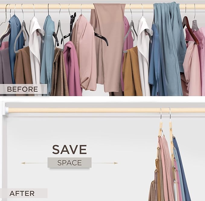 MORALVE Pants Hangers Space Saving - 4 Pack European Beechwood Scarf and Jean Hangers - Closet Organizer and Space Saver Pant Rack, Leggings Hanger, and Scarf Holder with 360° Swivel Hook