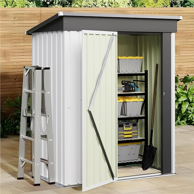 JUMMICO Metal Outdoor Storage Shed 5 x 3 FT Metal Shed with Lockable Door,Waterproof Garden Tool Shed Storage House for Backyard Patio Lawn,White