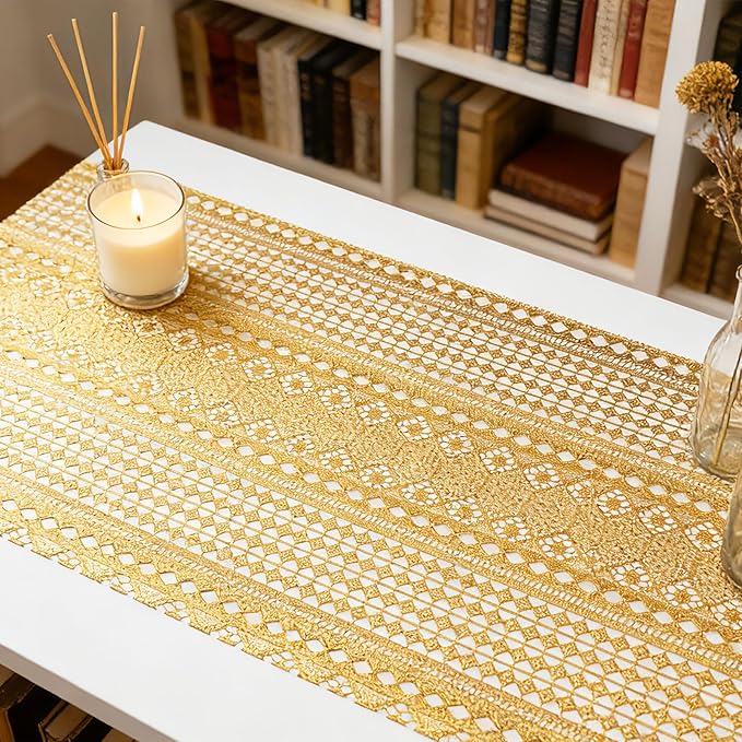 Drawer and Shelf Liner - Gold Geometric Lace Pattern,Non Adhesive Non Slip Waterproof Easy-Clean Shelf Liner for Kitchen Cabinet, Refrigerator, Bathroom, Pantry Storage Drawers, 17 in x 20 Ft