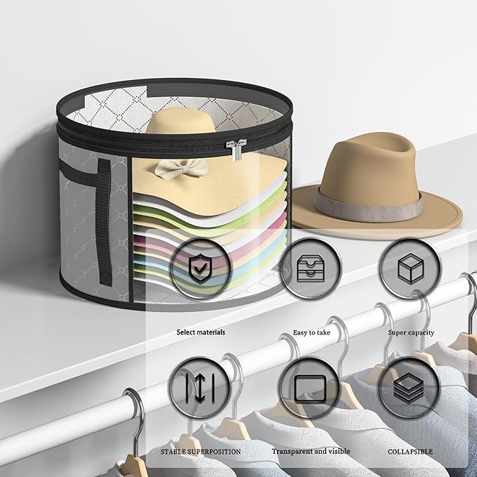 Veki 2pack Clear Hat Organizer for Closet, Hat Boxes for Women Storage With Dustproof Lids, Hat Box for Travel and Storage, Cowboy Hat, Stackable Round Brim Hats Organizer Bag Container (Gray)
