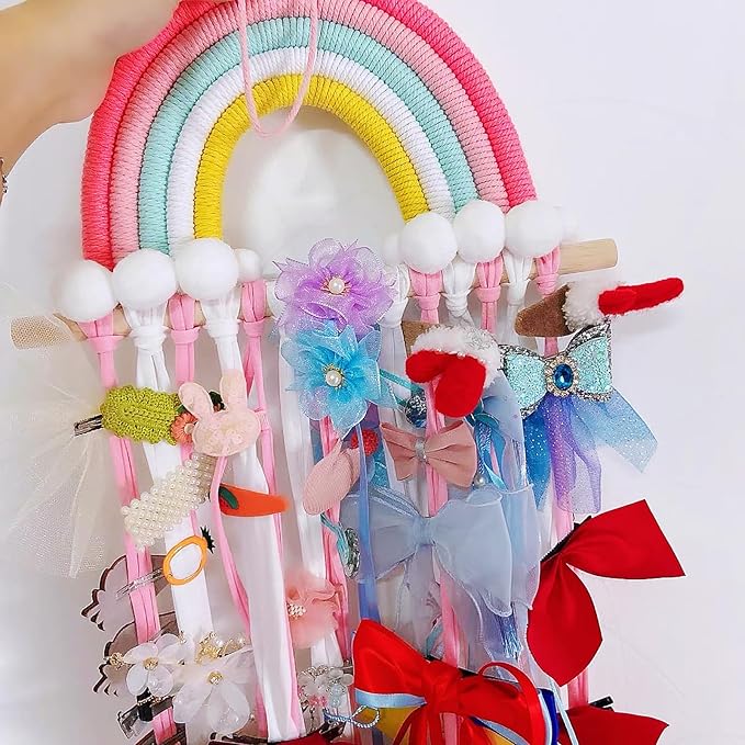 Rainbow Macrame Bow Holder Hanging Hair Bow Organizer for Girls, Hair Clip Holder Hair Clips Headband Storage Hanger Boho Wall Decor
