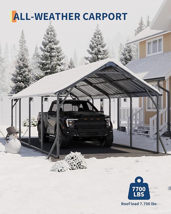 Garveelife 11'x20'x9' Metal Carport, Heavy Duty Steel Car Ports for All-Weather, Vertical Roof Design, for Full-Size Pickup Trucks, Boats, and Tractors