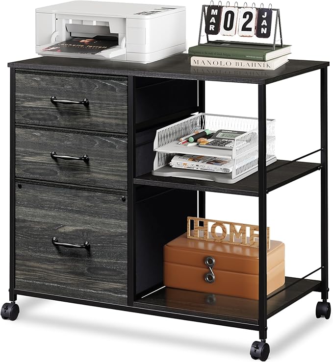 DEVAISE 3 Drawer File Cabinet, Mobile Filing Cabinet Rolling Printer Stand with Open Storage Shelf, Fabric Lateral Filing Cabinet fits A4 or Letter Size for Home Office, Charcoal Black Wood Grain
