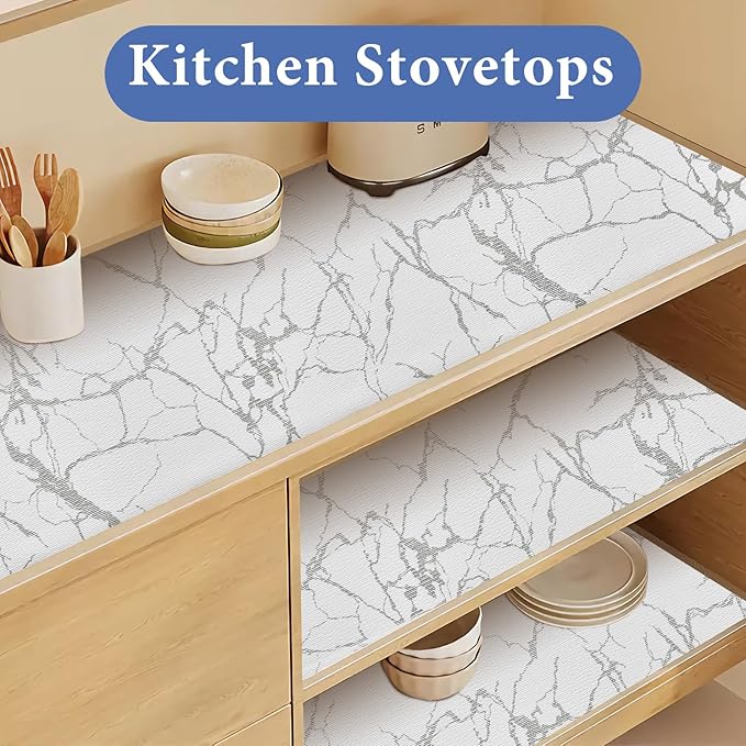 Drawer and Shelf Liner for Kitchen Cabinet: 12 in X 30 Ft Non Slip Waterproof Shelf Paper Non Adhesive Refrigerator Liners Silver Marble Easy Liners for Bathroom with Knife Tape Measure