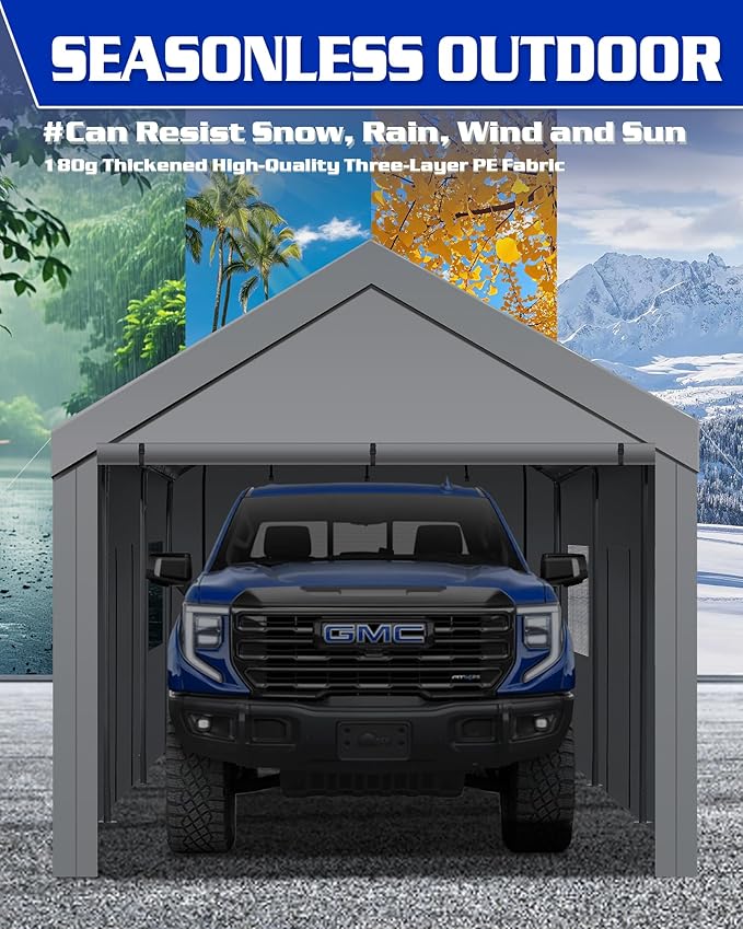 10x20ft Heavy Duty Carport, Waterproof UV Resistant Outdoor carports, Portable Garage Shelter with Rustproof Steel Frame, All Weather Protection for Vehicles Boats Equipment (Gray, 10x20ft)