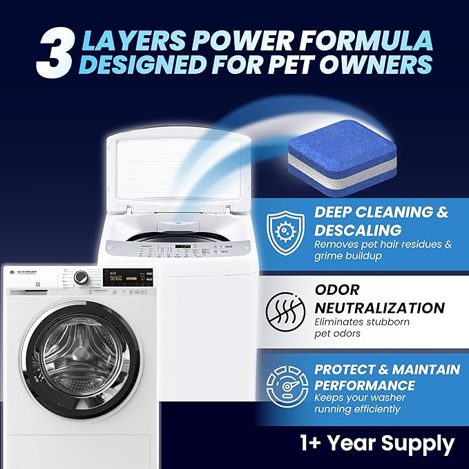 Washing Machine Cleaner Tablets for Pet Owners 28 Pack & Dishwasher Cleaner Deodorizer Descaler Tablets 28 Pack Bundle - 1 Plus Year Supply - Septic Safe Eco Friendly Formula