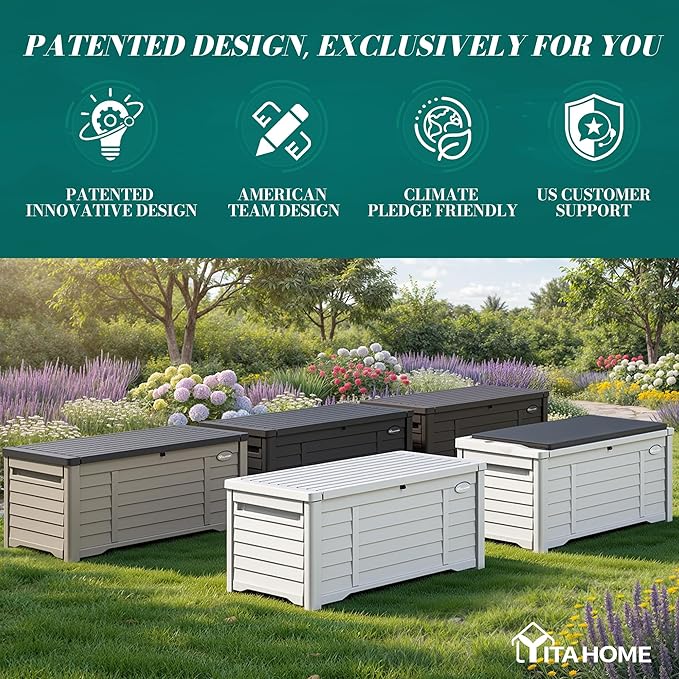 YITAHOME 150 Gallon Large Outdoor Storage Deck Box, Waterproof Cushion Storage Bench with Lockable Lid for Patio, Pool Supplies, Garden Tools, Resin, Black & Brown