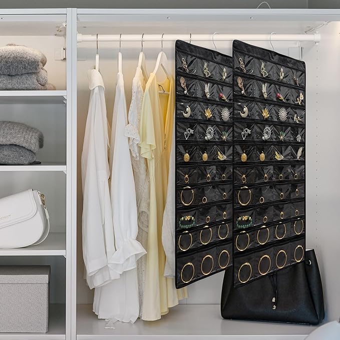80 Pocket Hanging Jewelry Organizer with Hanger Metal Hooks Storage On Wall Door Closet Double-Sided(Each Side 40 Pockets) Jewelry Holder for Earrings, Necklaces, Rings (4 PACK BLACK)