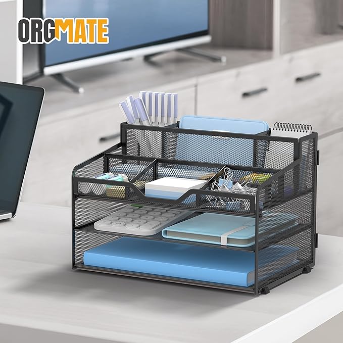 3 Tier Mesh Desk Organizer,Multi Functional Letter Paper Tray with 3 Pen Holders and 5 Adjustable Storage Compartments for Office Supplies Files and Mail Space Saving Desktop Organizer-Black