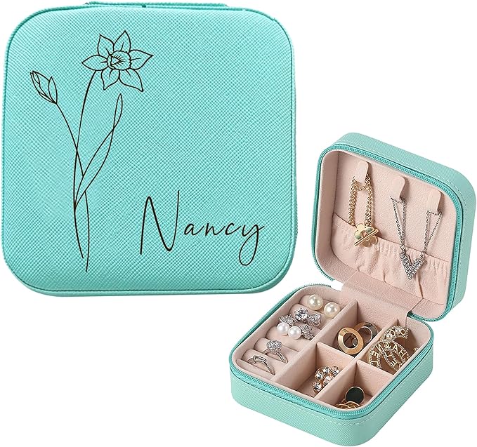 Personalized Jewelry Box for Women Mothers Day Gifts for Mom from Daughter Son Custom Leather Travel Jewelry Case with Name Christmas Birthday Wedding Bridesmaid Gifts (Blue, Design 1)