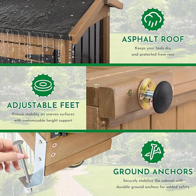 Outdoor Storage Cabinet, Wood & Metal Garden Cabinet with 3 Adjustable Shelf, Weather-Resistant Roof, Lockable Doors & Adjustable Feet for Patio, Garden, Farm (33" L x 21" W x 69" H)