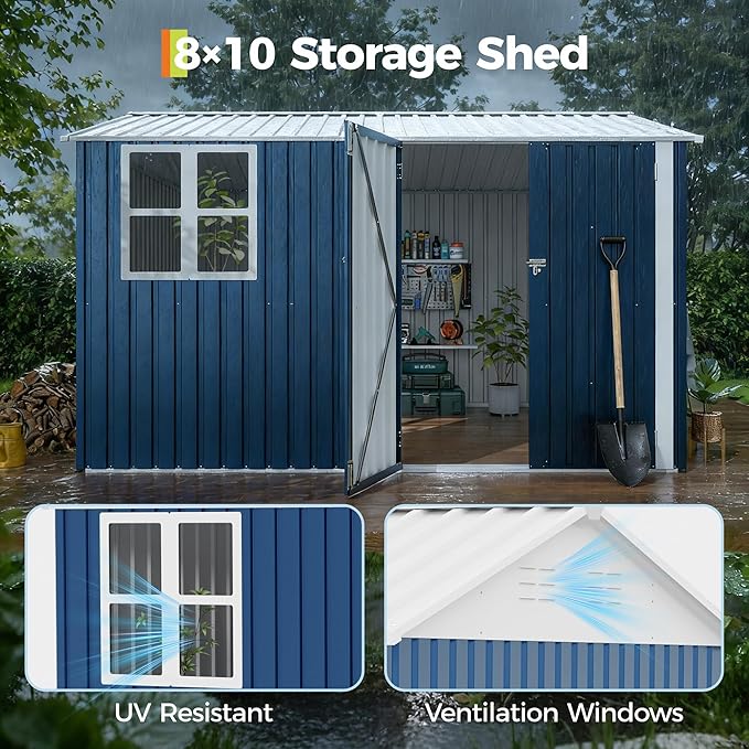 8x10 FT Outdoor Storage Shed,450CU.T Metal Tool Shed with Clear Window, Lockable Doors,Large Garden Storage Box with Sloping Roof，Sheds&Outdoor Storage for Backyard Garden Patio Lawn