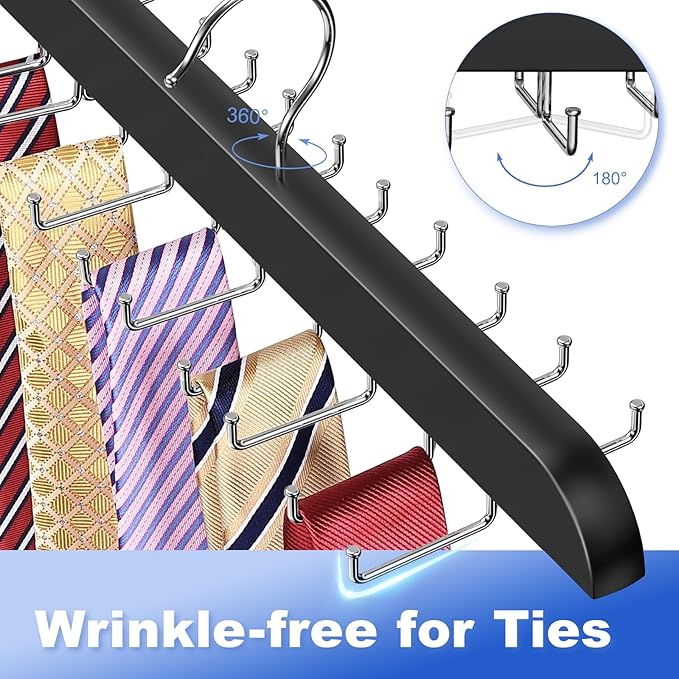 Upgraded Tie Rack Hanger with 20 Foldable Metal Hooks, Space Saving Necktie Organizer for Men – Large Capacity Tie and Belt Wooden Hanger for Closet - Black