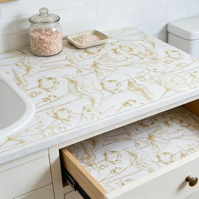 Shelf Liners Non Adhesive Light Base Gold Lotus Pattern - Thickened Non-Slip Easy to Clean Drawer Liner for Kitchen Cabinets, Tool Box, Refrigerator, with Knife & Tape Measure, 17in x 30FT