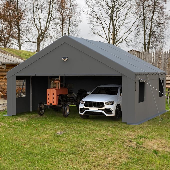 Carports Canopy 20x20 Heavy Duty, Portable Car Port Garage with Roll Up Drive Through Doors, Grey