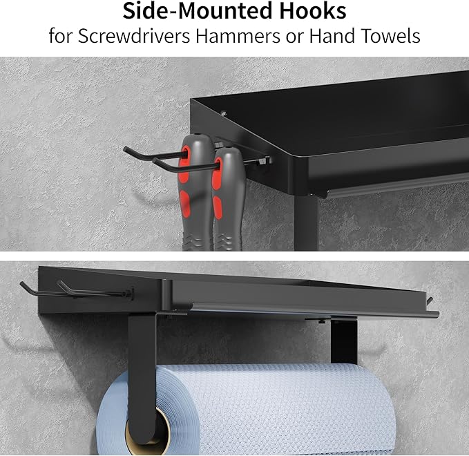 ZUNTO Paper Towel Holder with Shelf for Garage, Wall Mount and Drilling, Black Paper Towel Rack with Pen Stand and Hanging Hooks, Stainless Steel, Garage or Kitchen Organization and Storage