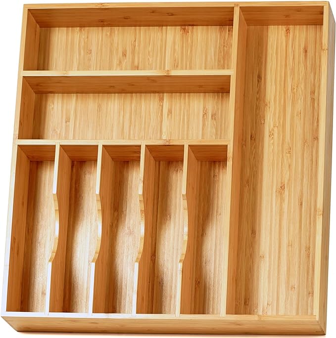 Umilife Large Kitchen Drawer Organizer, 19"x19" Silverware Utensils Organizer, 2.5" High for Large Deep Drawers, Bamboo Flatware Holder with Thick Frames, Sturdy Kitchen Organization Tray