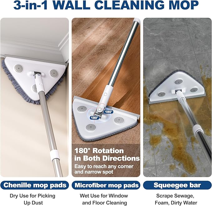 Wall Cleaner Mop with Long Handle, Wall Duster with Extension Pole, 3-in-1 Wall Cleaner, Dust Mop with 5 Reusable Pads