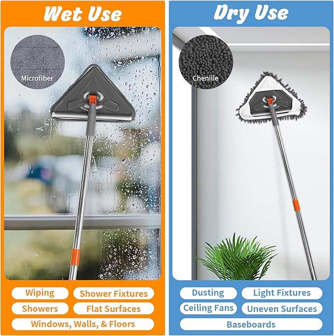 85" Wall Mop Cleaner with Long Handle and Stainless Steel Hook - 180° Rotating Wall Cleaner - Duster Tool for Walls, Multifunctional Scrapper, Ceiling, Windows and Floor with Extension Poles