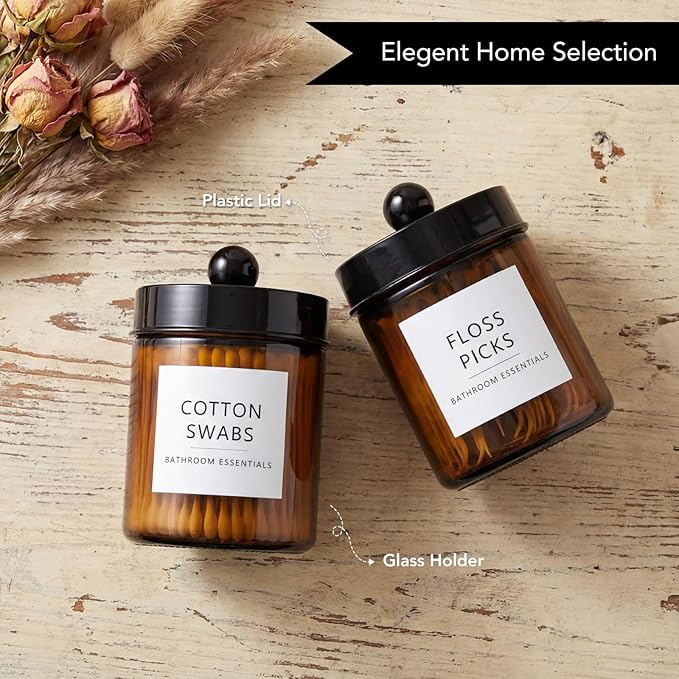 Amolliar Amber Glass Qtip Holder, Apothecary Jars with Black Plastic Lid & Stickers-Bathroom Qtip Dispenser Storage Organizer Set, Vanity Counter Cantainer for Cotton Swabs,Round Floss (2 Pack)