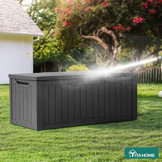 YITAHOME Outdoor Storage Box, 120 Gallon Waterproof Deck Box for Garden Tools, Patio Cushions, and Pool Accessories, Lockable, Easy Assembly, Versatile Bench or Table (Dark Gray)