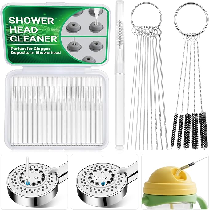 50-in-1 Shower Head Cleaner Kit with Stainless Steel Needles | Reusable Straw Brush | Unclog Tiny Nozzles for Shower, 3D Printer, Straws, Faucets, Electronics | White