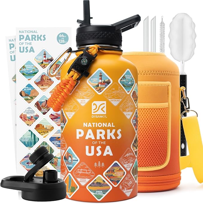National Parks Water Bottle – 64 oz Insulated Stainless Steel Bottle with 63 Hand-Drawn Park Stickers, Carrier Bag, Strap & Gift Box – BPA-Free – Ideal for Hiking, Camping & Travel