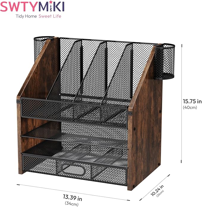 SWTYMIKI Desk Organizer with Drawers - Mesh and Wood Desk File Organizer with Pen Holders, 4-Tier Paper Organizer for Office Organizer and Accessorie, School and Home Storage, Espresso