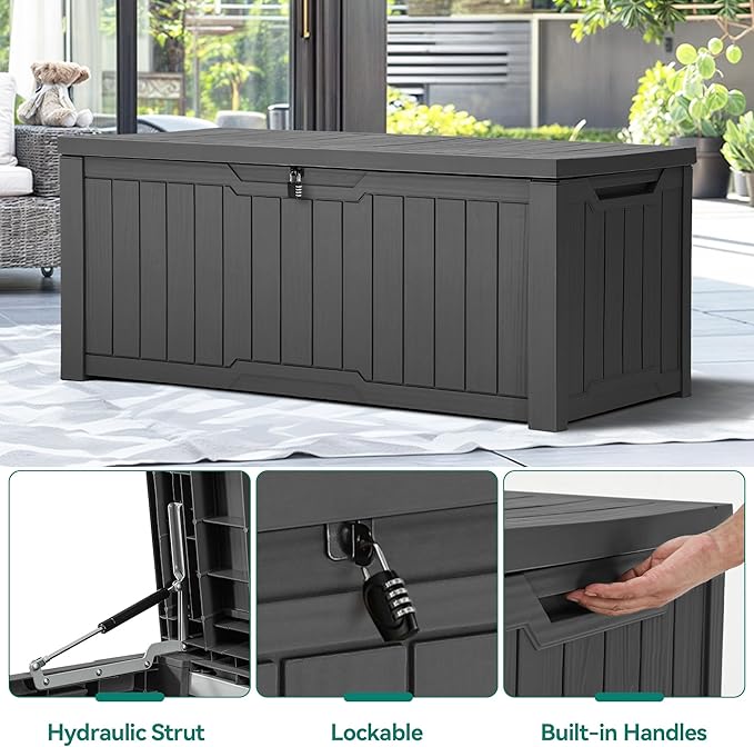 YITAHOME Outdoor Storage Box, 120 Gallon Waterproof Deck Box for Garden Tools, Patio Cushions, and Pool Accessories, Lockable, Easy Assembly, Versatile Bench or Table (Dark Gray)