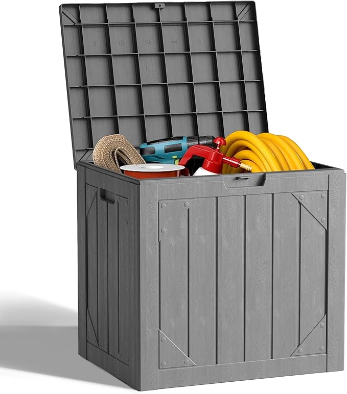Outdoor Storage Deck Box Waterproof,30 Gallon Lockable Patio Package Delivery Bin as Seat, Resin Storage Container Bench for Furniture Cushions, Pool Accessories, Garden Tools, Grey