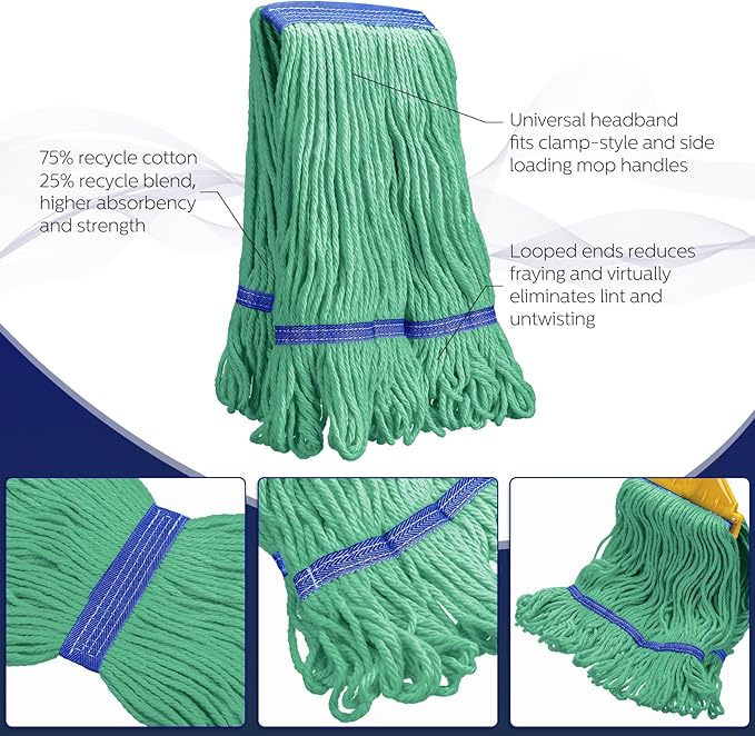 Eccliy 24 Pack Heavy Loop End Cotton String Mop Head Heavy Duty Mop Head Commercial Refills Replacement Bulk for Home Industrial Commercial Floor Cleaning (Green,Blue)