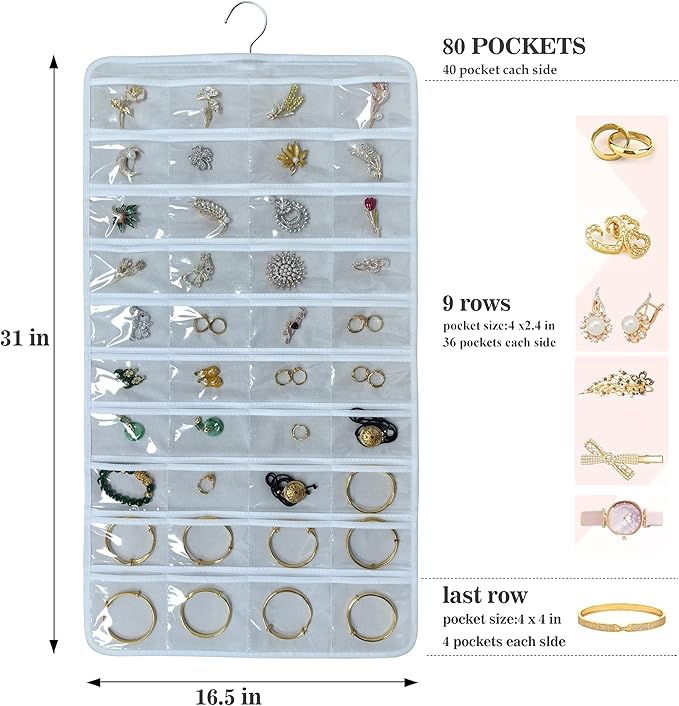 80 Pocket Hanging Jewelry Organizer with Hanger Metal Hooks Storage On Wall Door Closet Double-Sided(Each Side 40 Pockets) Jewelry Holder for Earrings, Necklaces, Rings (White+White)