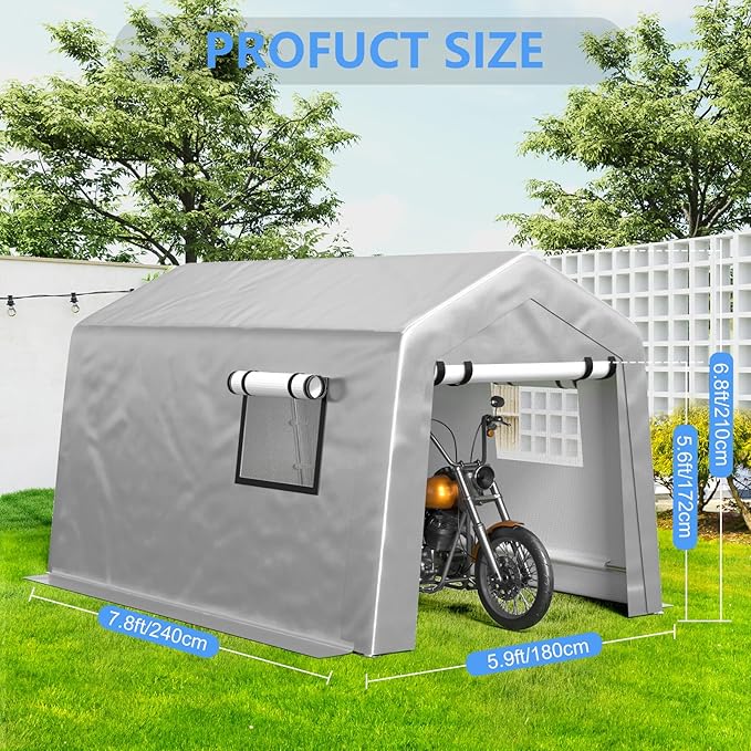 Carport 6x8 FT Enclosed Carport with Roll-up Windows, Portable Garage with Removable Sidewalls & Doors, Car Canopy Tent with Sandbags All-Season Tarp for Bike Motorcycle